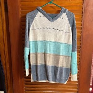 Striped Knit Hoodie Sweater - Blue, Cream, Gray